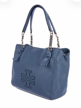 NWOT Tory Burch Harper Pebbled Leather Shoulder Tote w/Chain Straps - Slate Blue